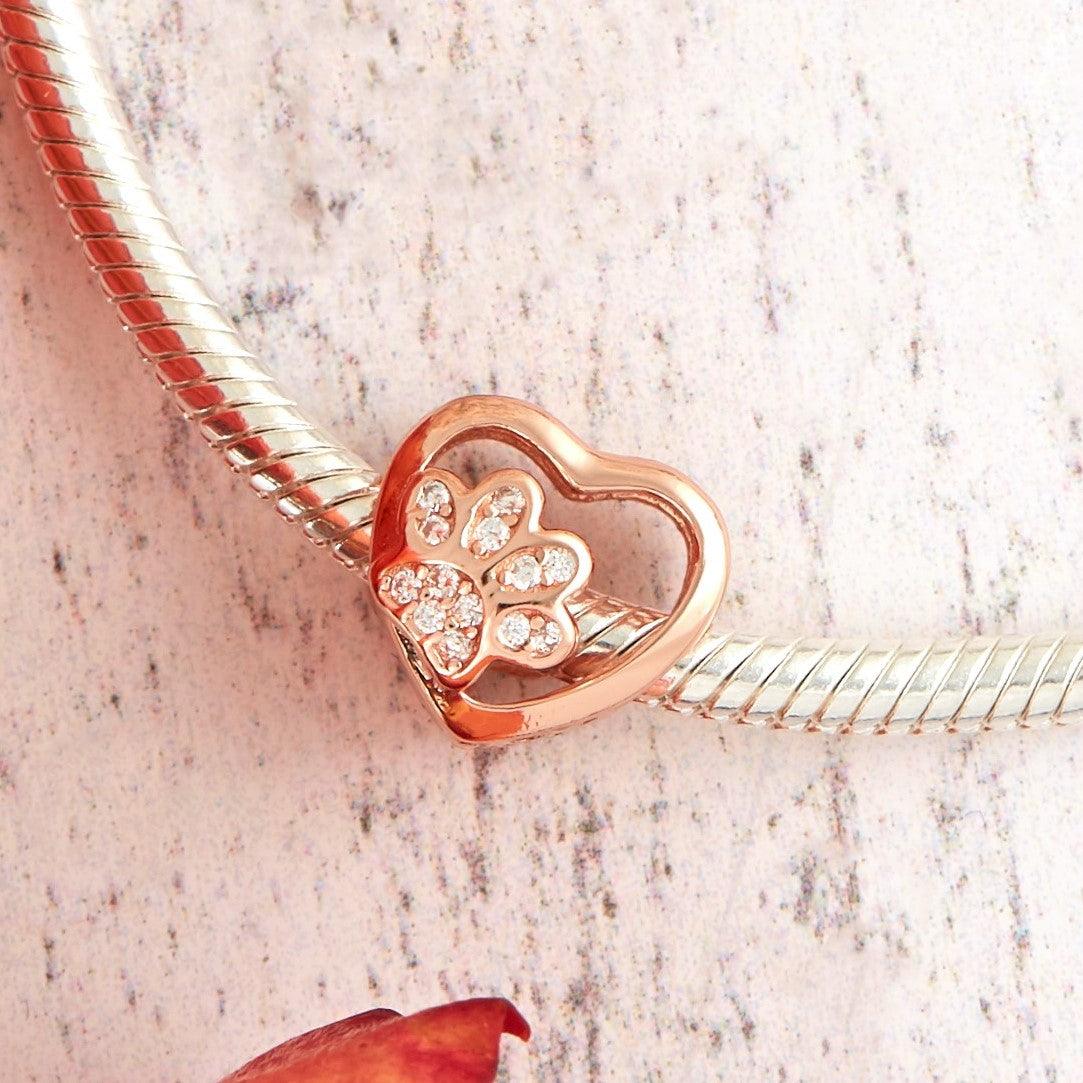 Paw Charm - 925 Sterling Silver with rose gold plating & Cubic Zircons, this super cute heart charm with a paw at its center.