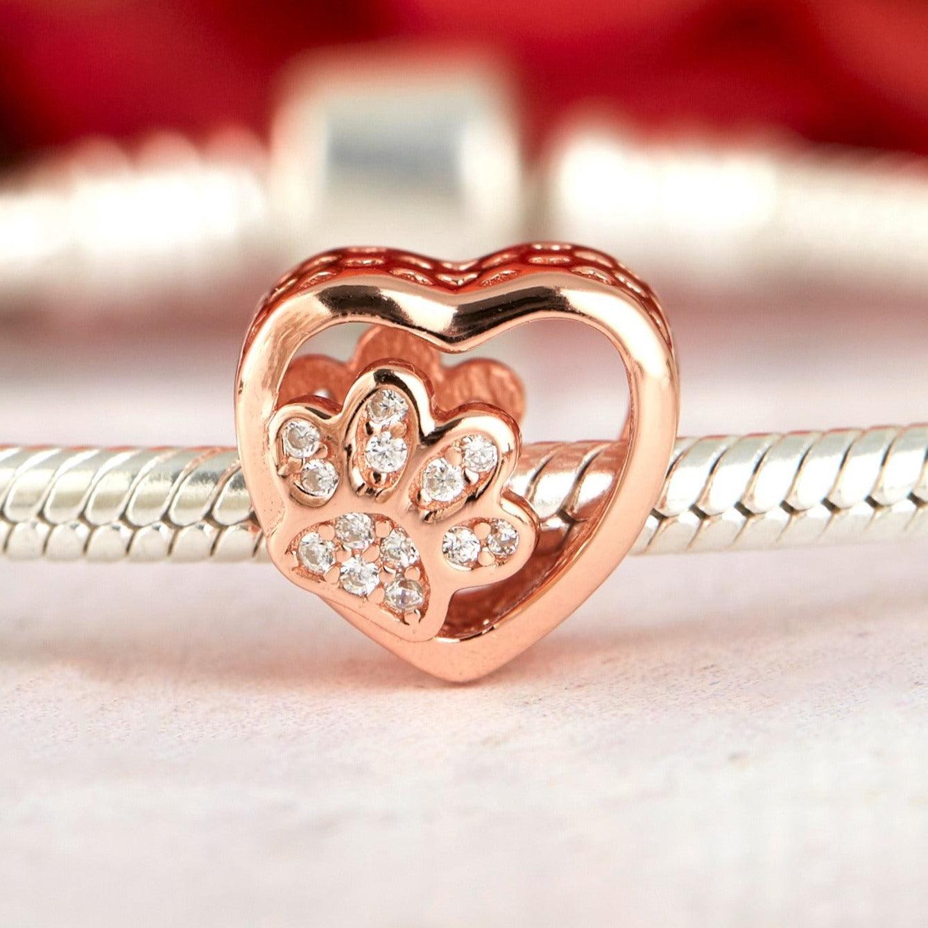 Paw Charm - 925 Sterling Silver with rose gold plating & Cubic Zircons, this super cute heart charm with a paw at its center.