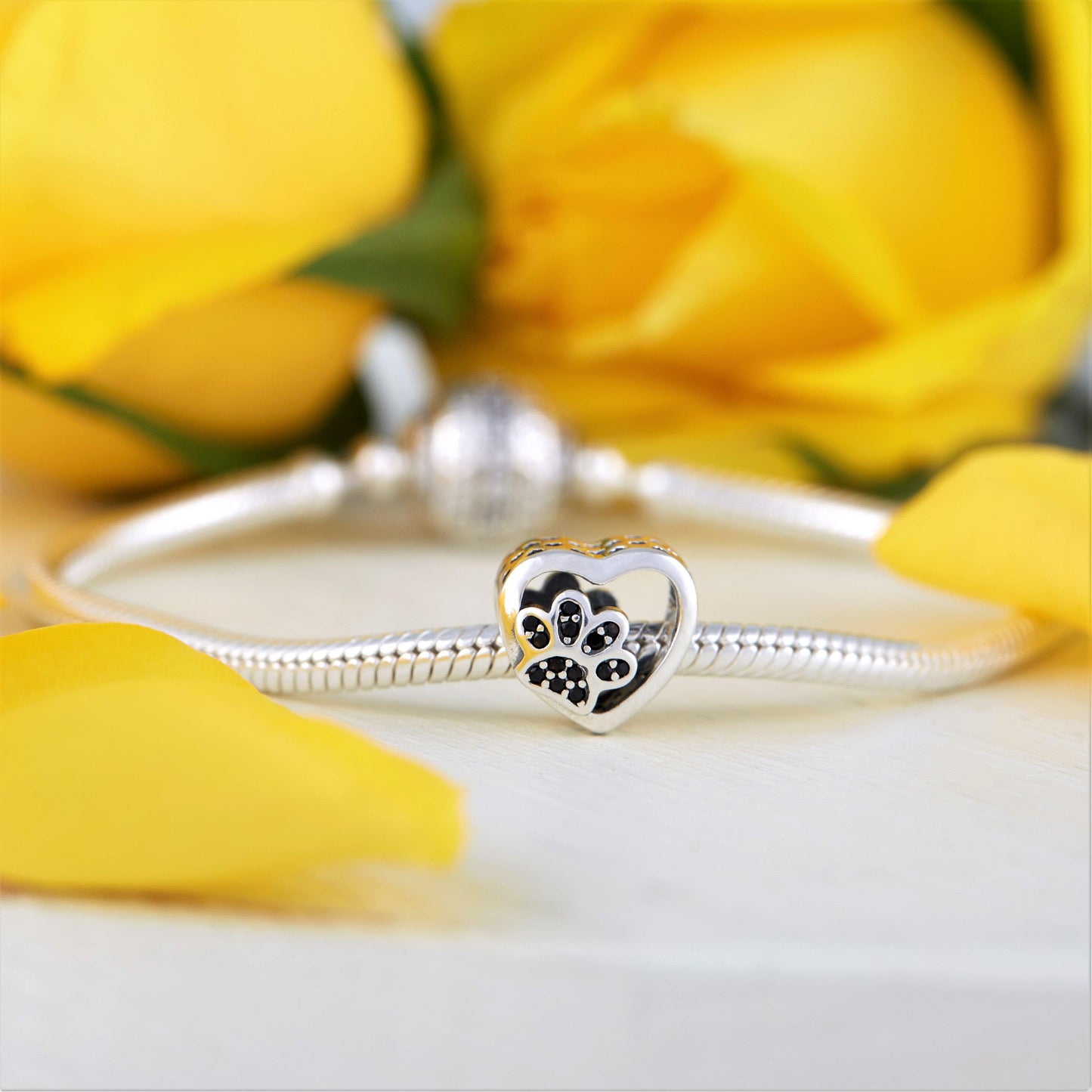 Paw Charm- 925 Sterling Silver with black Cubic Zircons, a cute heart charm with a paw at its center is a must for pet lovers