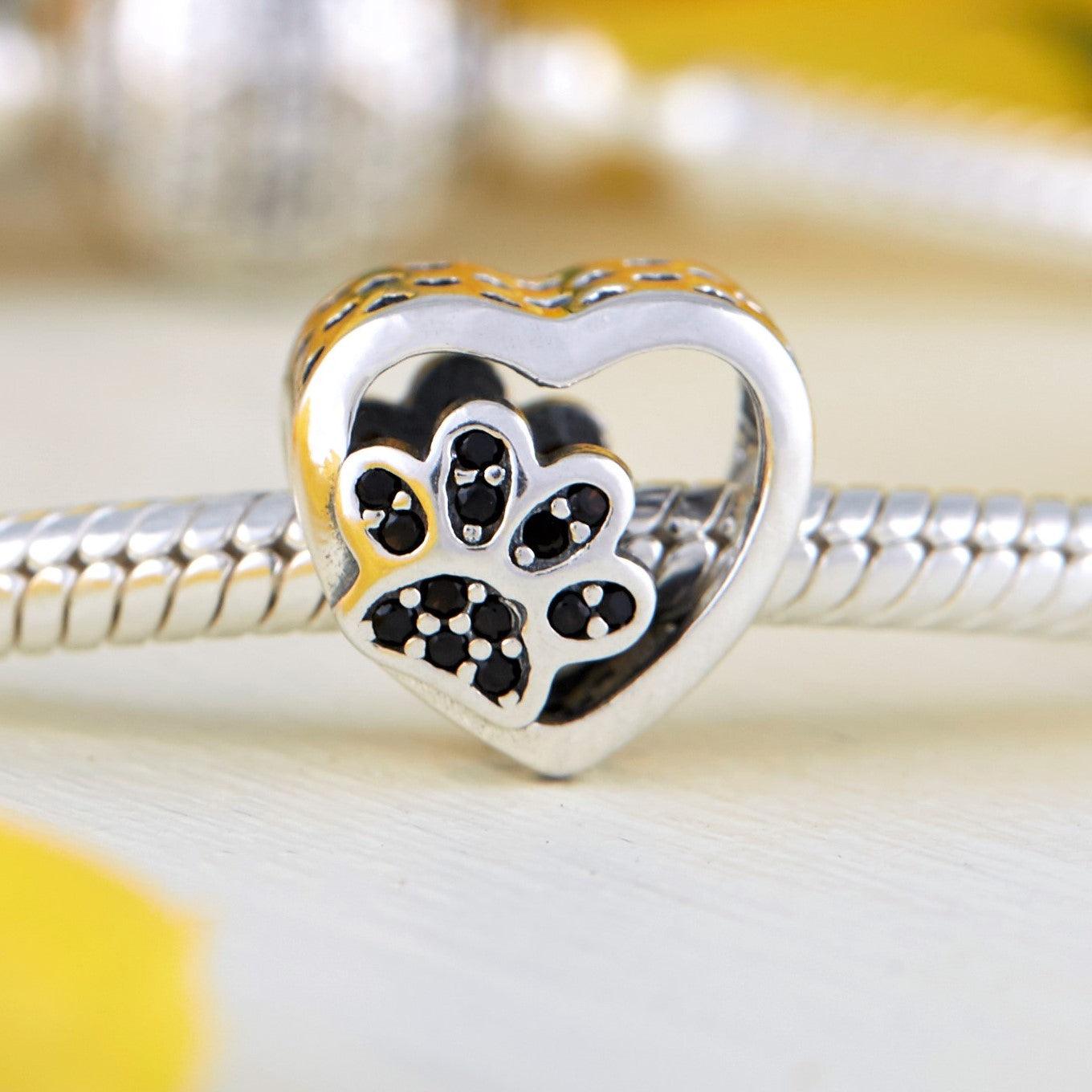 Paw Charm- 925 Sterling Silver with black Cubic Zircons, a cute heart charm with a paw at its center is a must for pet lovers