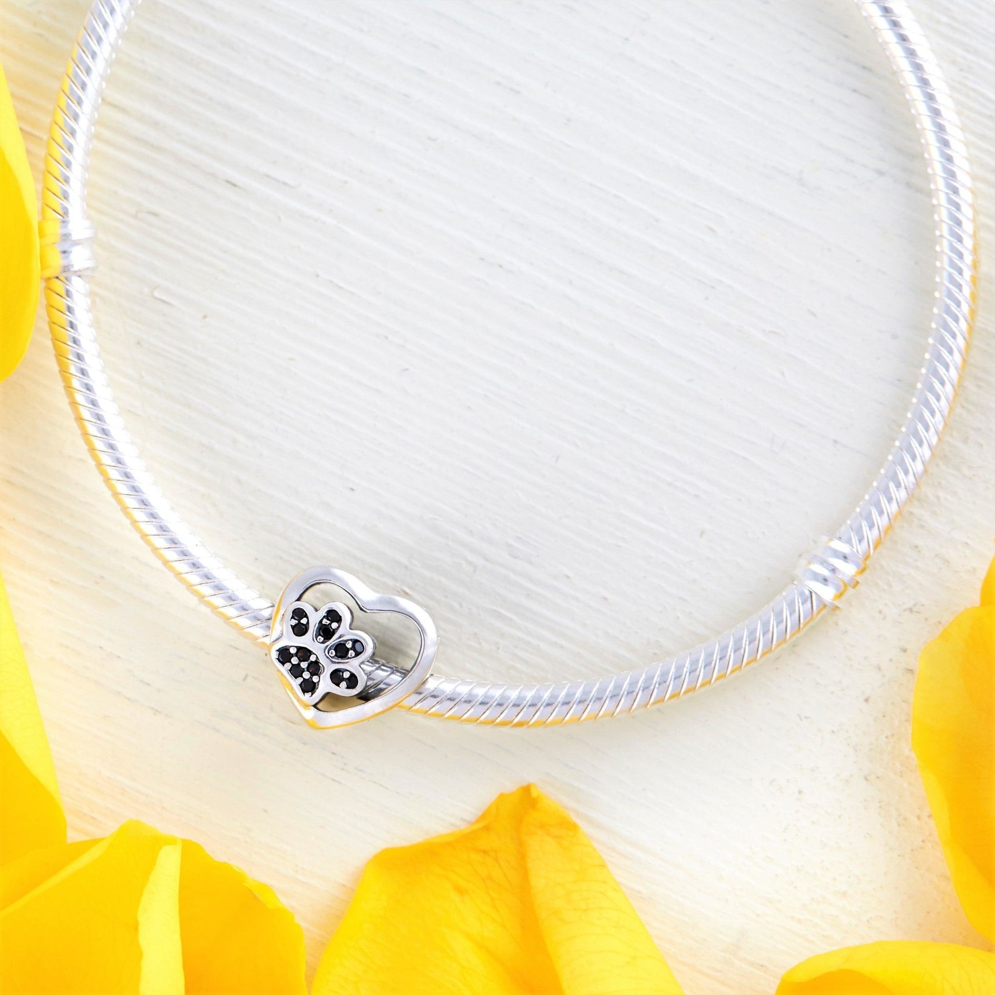 Paw Charm- 925 Sterling Silver with black Cubic Zircons, a cute heart charm with a paw at its center is a must for pet lovers