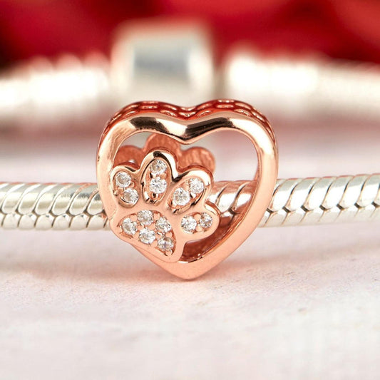 Paw Charm - 925 Sterling Silver with rose gold plating & Cubic Zircons, this super cute heart charm with a paw at its center.