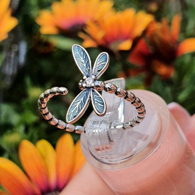 JERWLI Sterling Silver Dragonfly Spoon Ring With Turquoise - Adjustable Vintage Thumb Ring For Women & Men