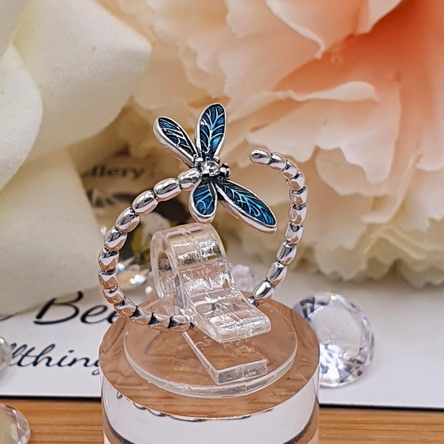 Teal Dragonfly Ring | Silver Dragonfly Ring | The Bee Charm